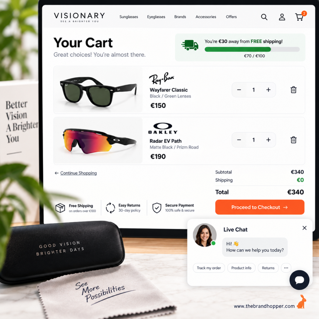 A screenshot-style mockup of an e-commerce cart page showing a free-shipping progress bar and a live chat bubble in the corner.