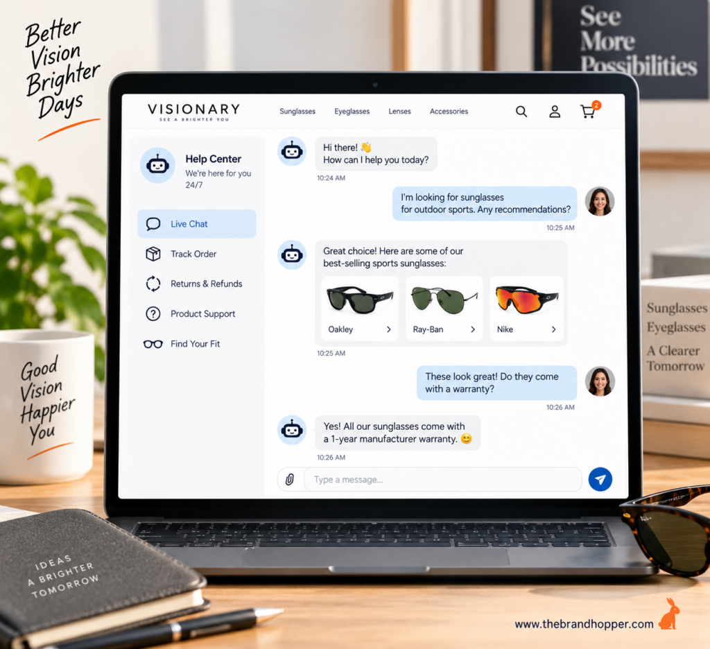 A customer support agent or chatbot interface on a laptop/phone screen, showing a friendly help-desk or live-chat conversation.