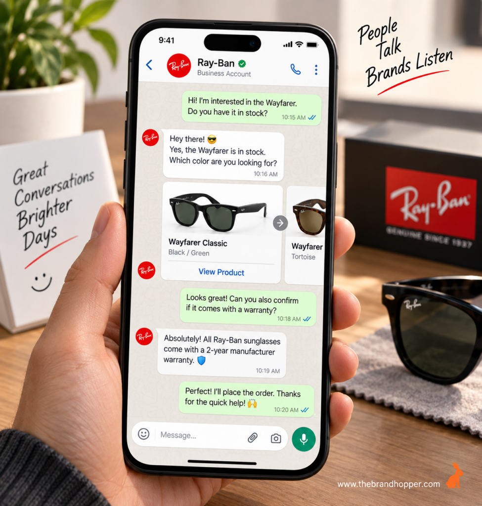 A phone screen showing an Instagram or WhatsApp-style two-way conversation between a brand and a customer, or a social media comments section with replies.