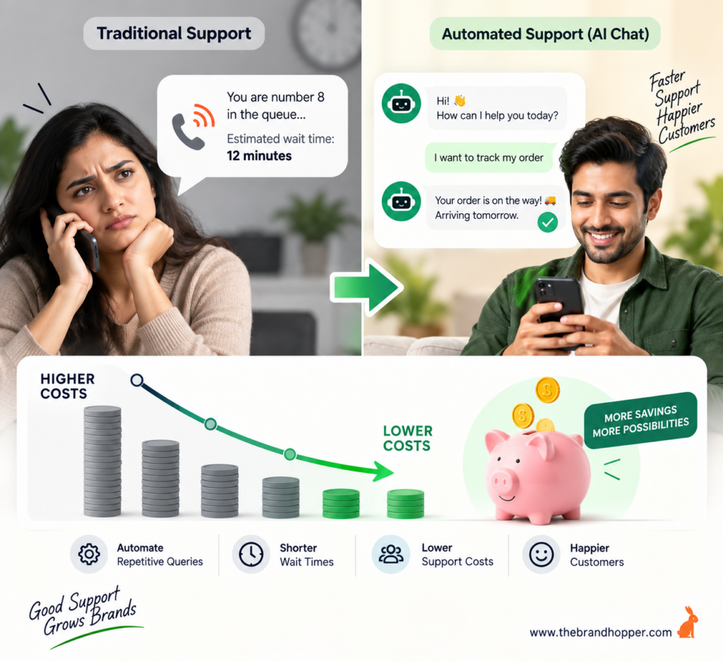 A simple, clean graphic or chart-style image representing cost savings — e.g., a downward cost curve, a piggy bank with digital icons, or a split-screen comparing a phone call queue vs. an automated chat.