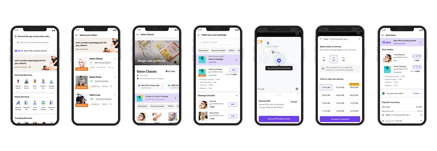 Urban Company iOS & Android app showing service categories and booking interface