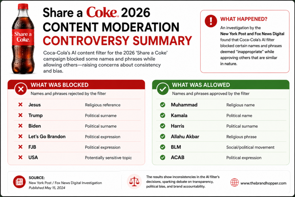 Share a Coke 2026 content moderation controversy summary