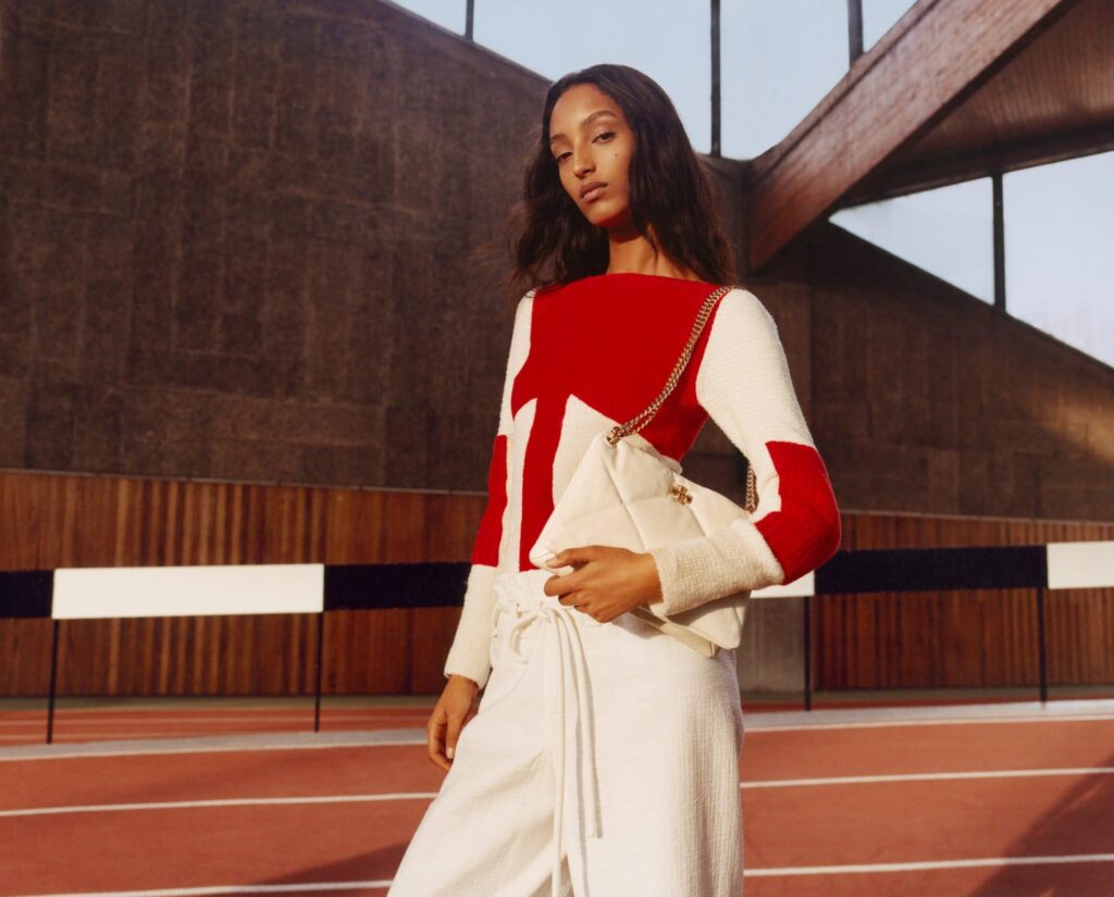 Tory Burch's Spring/Summer 2025 campaign was photographed by Jamie Hawkesworth at a Brutalist sports centre in Paris