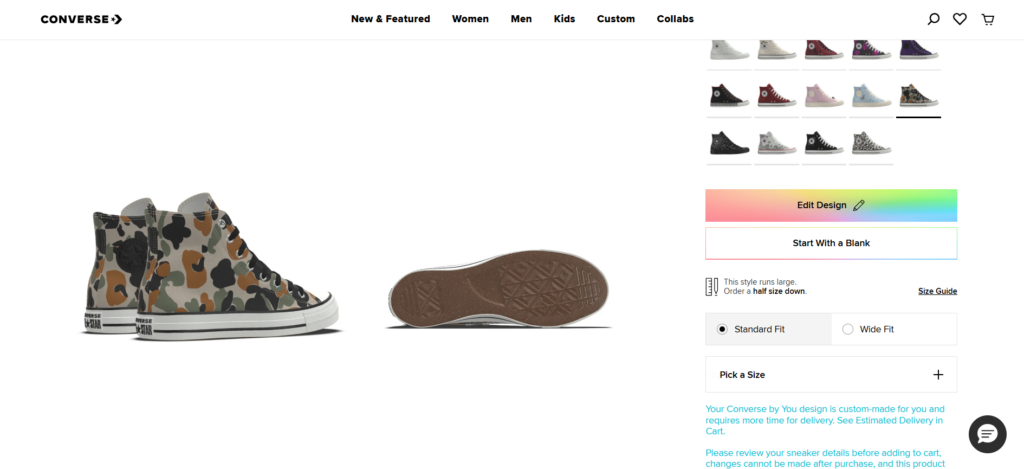 Converse customisation interface showing colour/material/pattern selection for personalised Chuck Taylors