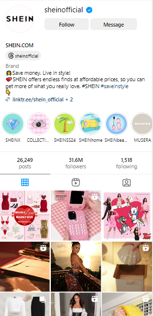 Instagram page of Shein