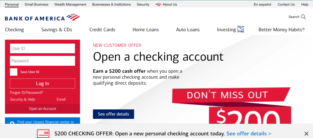 Bank of America's website is robust and user-friendly