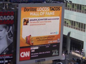 Doritos and Taco Bell organized live twitter feed for this campaign on billboards . Doritos Locos Tacos Live Tweet Billboards