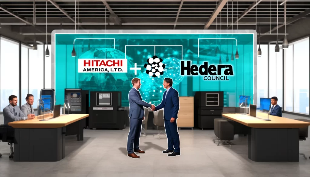 image depicting Hitachi America, Ltd. joining the Hedera Council. It highlights the collaboration between Hitachi's industrial solutions expertise and Hedera's decentralized ledger technology network in a professional and collaborative setting.