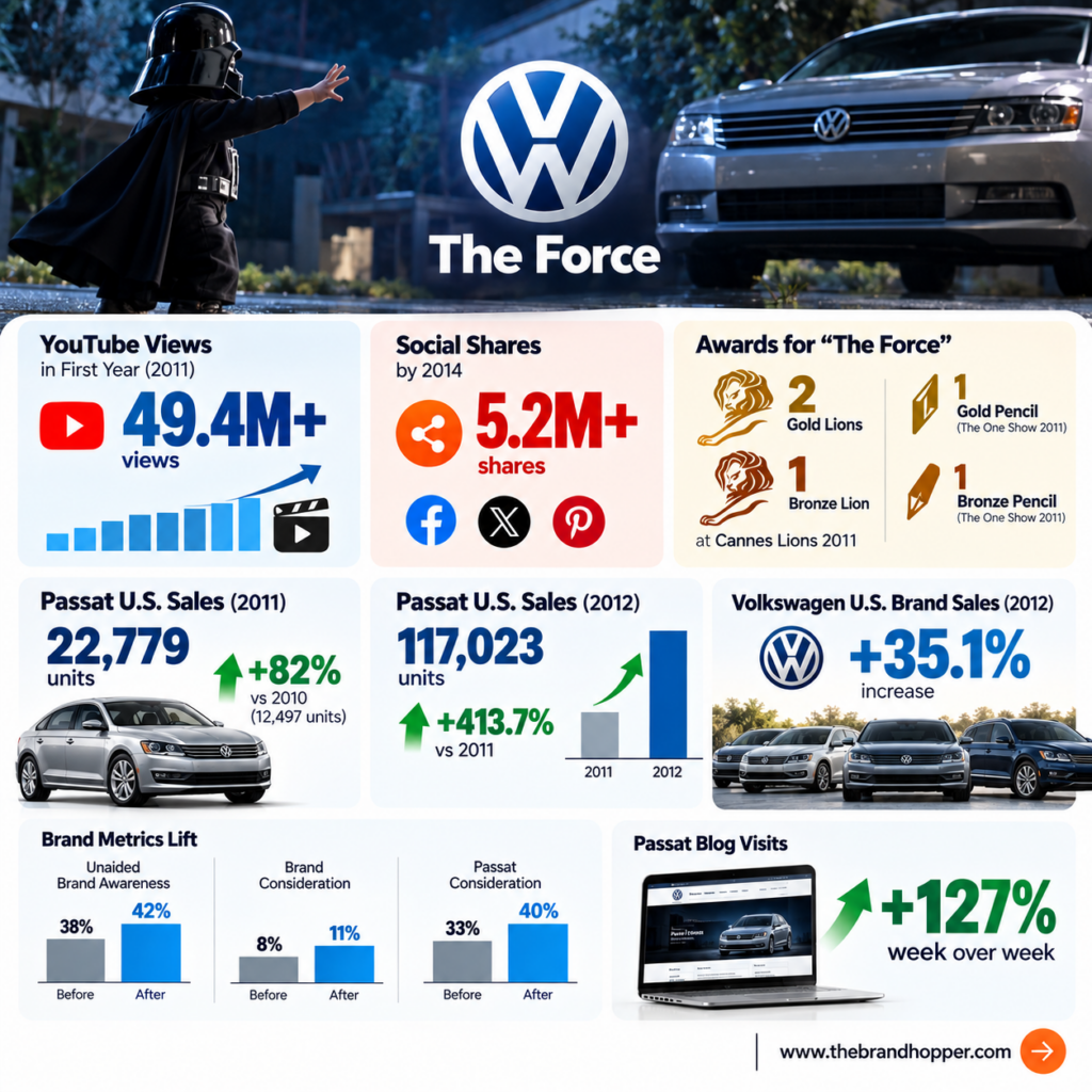 Volkswagen The Force campaign results showing views, social shares, awards and Passat sales growth