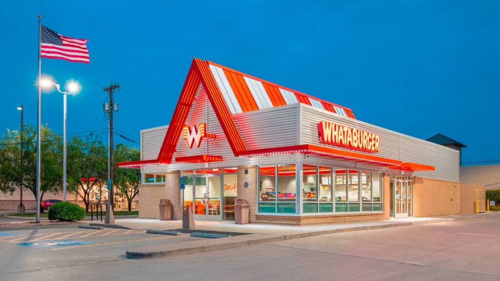 orange-and-white striped A-frame restaurants