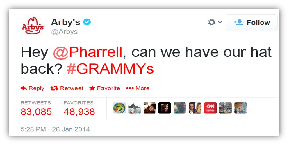 The brand tweeted a witty remark about Pharrell Williams’ iconic hat, which resembled the Arby’s logo