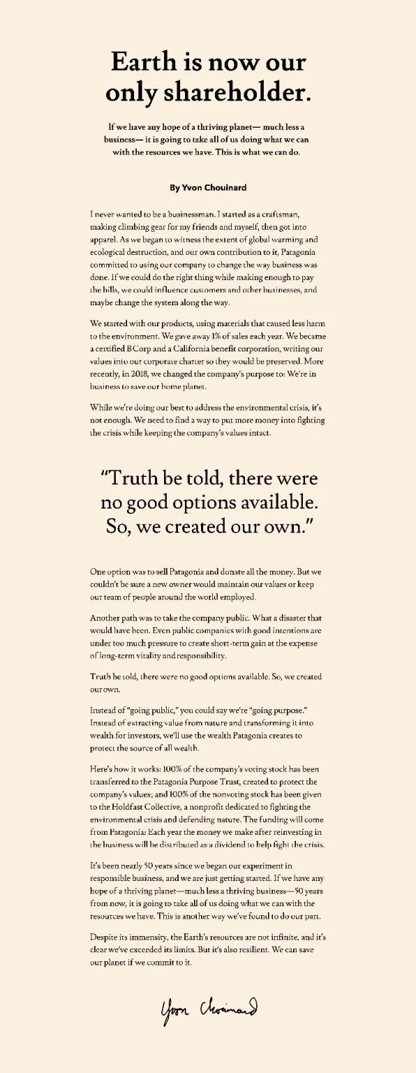 Imagery from Patagonia's 2022 'Earth is now our only shareholder' announcement