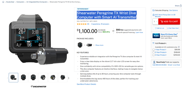Shearwater Peregrine TX Wrist Dive Computer with Smart AI Transmitter” conveys what it is