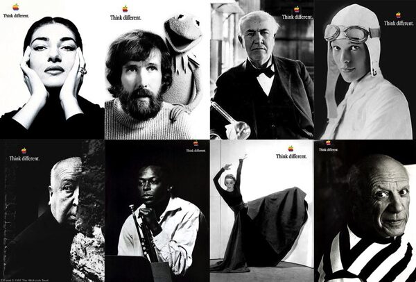 A 1997 “Think Different” poster featuring icons like Einstein or Gandhi, illustrating Apple’s renewed brand message.