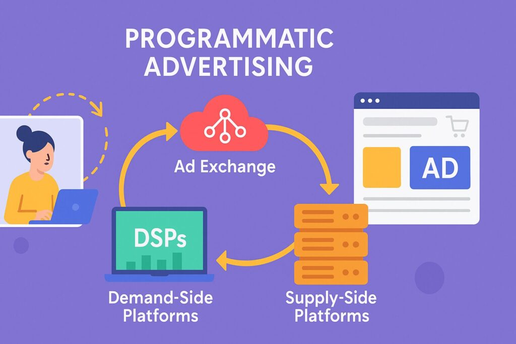 an Illustration of the programmatic advertising ecosystem (ad exchanges, DSPs, and SSPs) that powers many retargeting campaigns