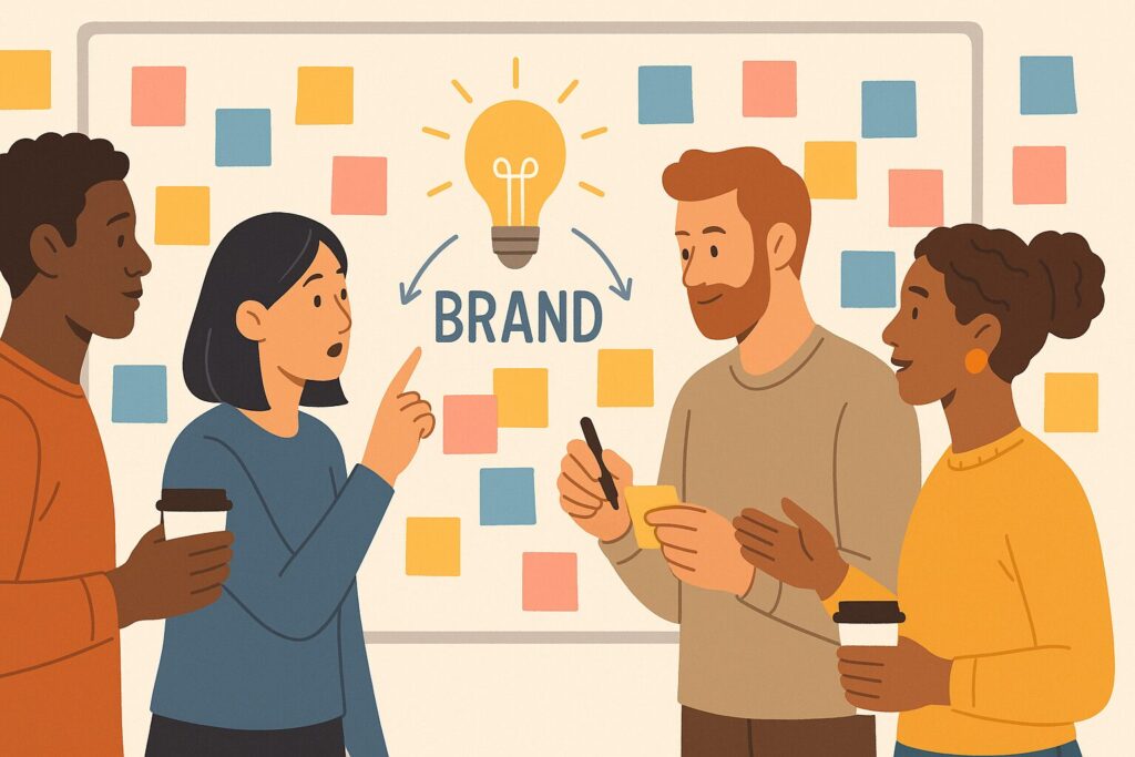 A diverse team brainstorming ideas on a whiteboard, surrounded by sticky notes and coffee cups, symbolizing the collaborative brand discovery phase.