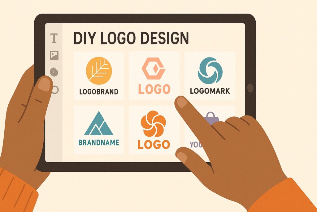 A hand holding a tablet displaying various logo design options from a DIY tool, with a vibrant, modern aesthetic, emphasizing accessibility for small businesses.