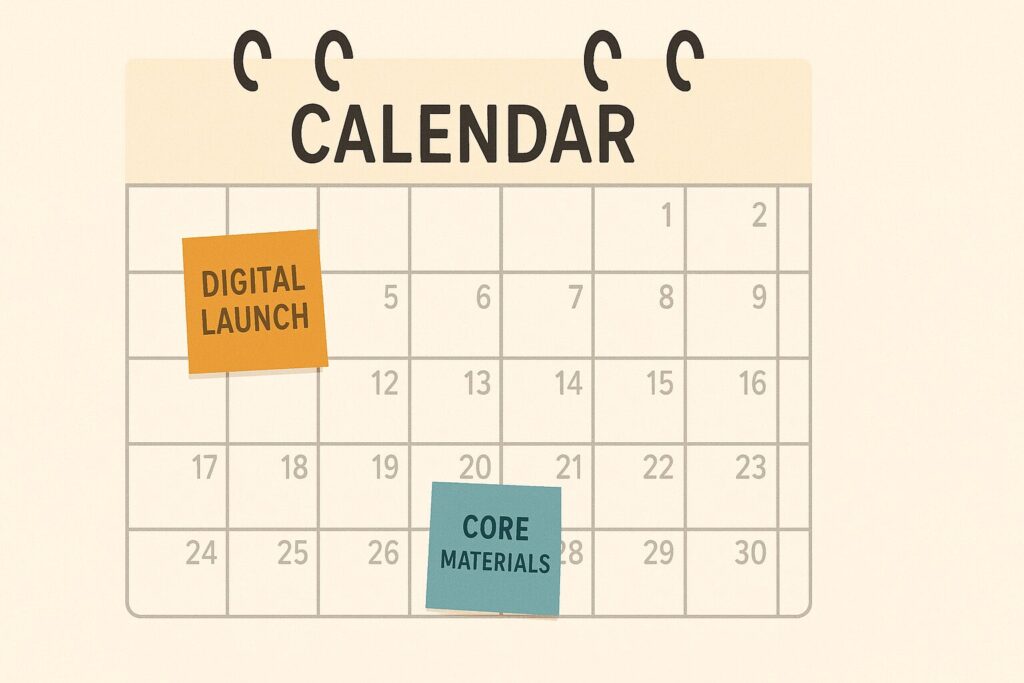 A calendar with different colored sticky notes marking "Digital Launch," "Core Materials," and "Physical Assets," illustrating a strategic, phased rebranding rollout.