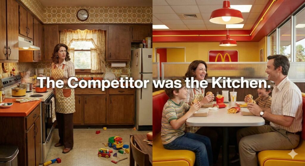 A split-screen contrast. Left side: A chaotic 1970s home kitchen with a mother looking stressed over a stove. Right side: The same mother smiling in a clean, bright McDonald’s booth with her family. Text overlay: "The Competitor was the Kitchen.