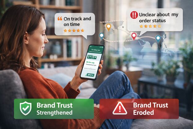Delivery transparency influencing brand trust as a customer checks real-time order updates after checkout