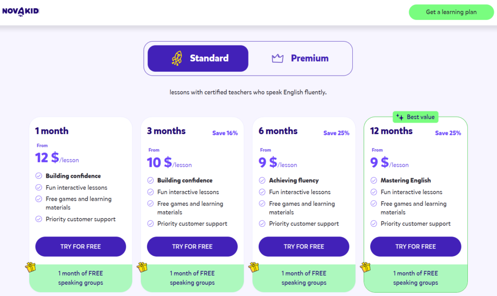 Novakid Pricing Plans