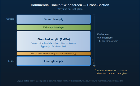 A commercial cockpit windscreen is a laminated assembly of five or more distinct layers, each serving a specific structural, thermal, or optical function. The thickest is the stretched acrylic structural core.