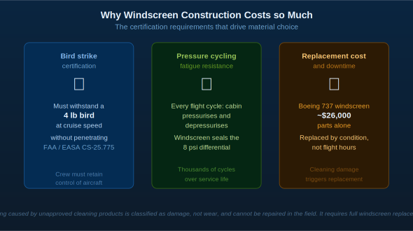 Three requirements drive windscreen cost: bird strike certification (4 lb bird at cruise speed, no penetration), pressure cycling fatigue resistance across thousands of flight cycles, and the consequence of failure, which is not a repaired pane but a replacement assembly at over $26,000 per unit.