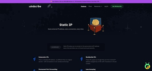 Windscribe static residential IP feature page screenshot