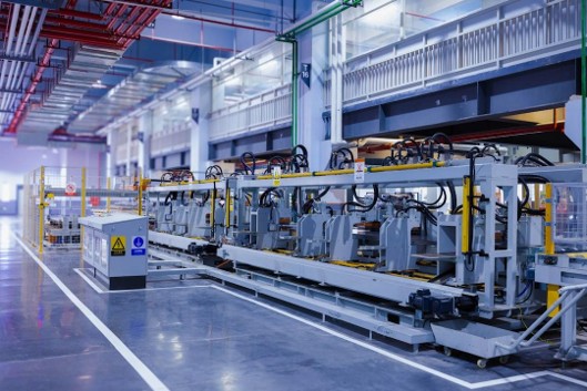 An automated factory production line with machinery