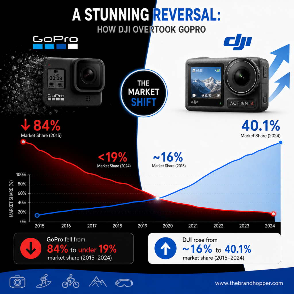 Chart showing GoPro's market share decline and DJI's rise in action cameras