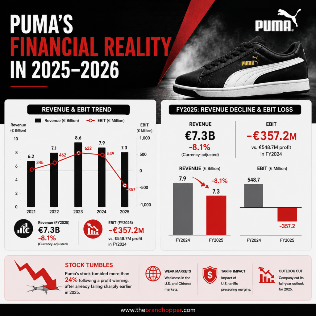 Chart of Puma's 2025 revenue decline and EBIT loss
