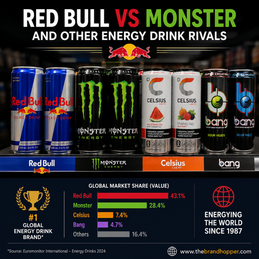 Red Bull compared to energy drink competitors on shelf