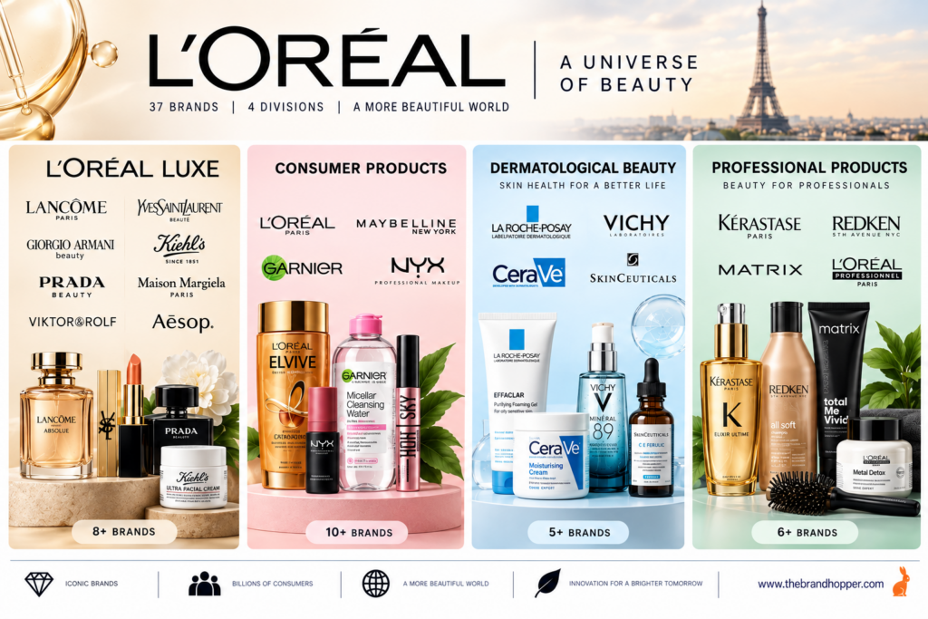 L'Oréal's brand portfolio including Lancôme, Maybelline, and La Roche-Posay