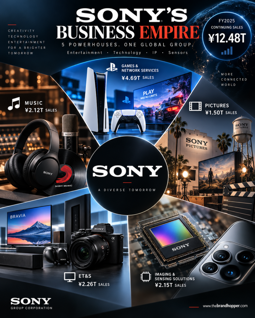 Sony's business segments: PlayStation, Music, Pictures, and sensors