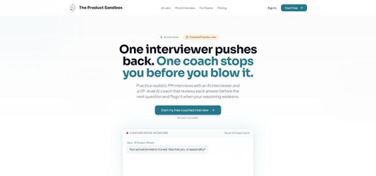 The Product Sandbox mock interview feedback interface screenshot.