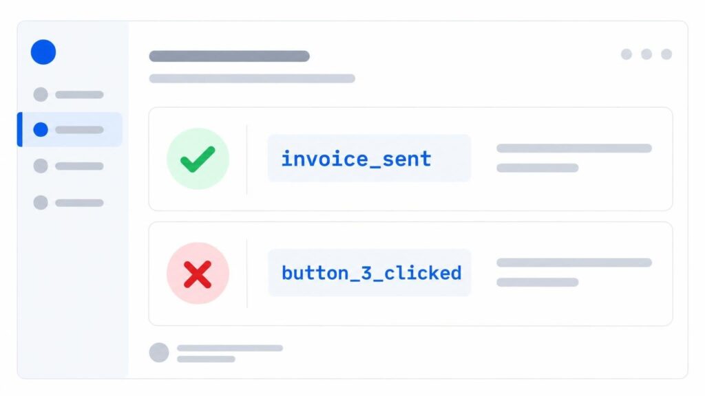 A developer checklist UI card comparing event naming conventions