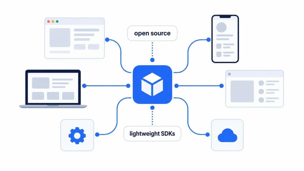A flat vector diagram showing SDK integrations connected to platforms