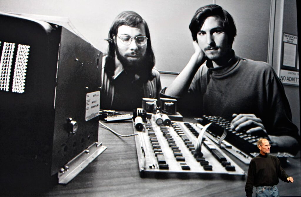 Archival photo of Jobs and Wozniak with the Apple I
