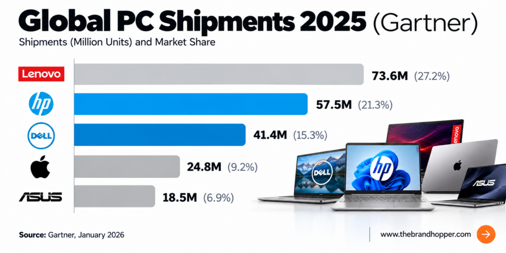 Dell vs HP global PC market share 2025 bar chart (Gartner data)