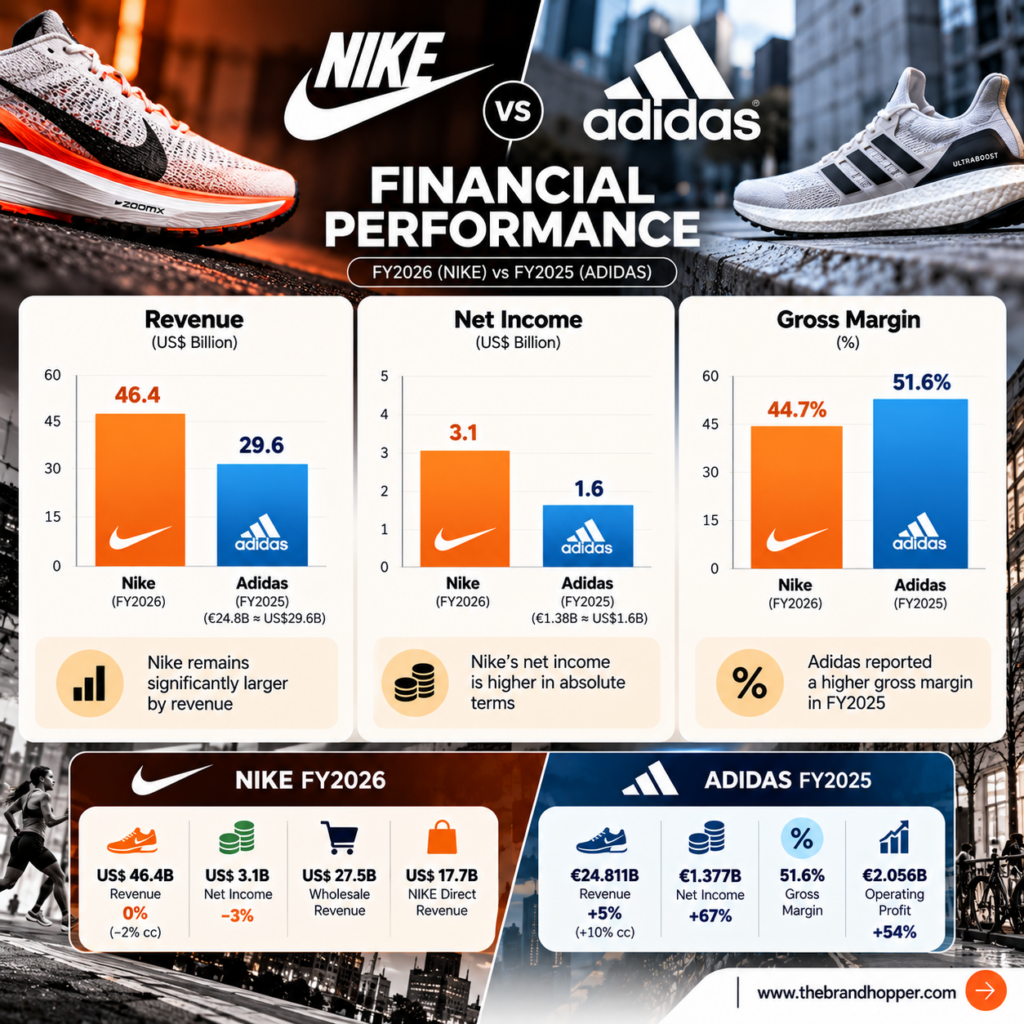 Adidas continued to post strong growth in the first half of 2026.In the second quarter, Adidas generated record quarterly revenue of €6.743 billion, up 13% in euro terms and 14% in currency-neutral terms. First-half revenue reached a record €13.3 billion, also up 14% currency-neutral. First-half operating profit increased 11% to €1.279 billion, producing an operating margin of 9.6%. Adidas subsequently raised its full-year 2026 revenue-growth guidance to 9%–10% currency-neutral, while maintaining its operating-profit target of around €2.3 billion. Football was a major contributor to the momentum around the 2026 FIFA World Cup. Adidas said it had sold close to 18 million jerseys across the World Cup product cycle, including products that entered the market before the tournament itself. Nike's latest results were more challenging. For the quarter ended August 31, 2026, NIKE, Inc. reported revenue of $11.213 billion, down 4% reported and 5% currency-neutral. Net income was $712 million, down 2%, and diluted EPS was $0.48. NIKE Brand wholesale revenue was $6.804 billion, down 1%, while NIKE Direct revenue was $4.142 billion, down 8%. Converse revenue fell 28% to $263 million. Nike's gross margin improved 60 basis points to 42.8%, supported partly by lower warehousing and logistics costs. However, Greater China remained a major weakness, with Nike Brand revenue in the region falling 26% on a currency-neutral basis. Nike vs Adidas Financial Performance