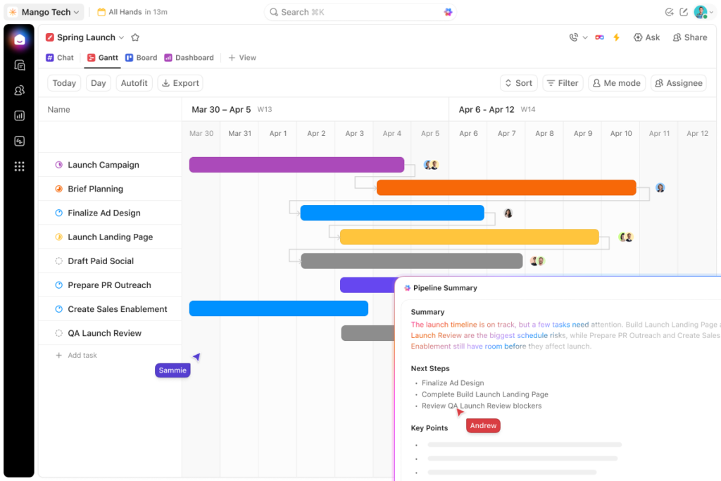 Screenshot of ClickUp 4.0 showing the Gantt view
