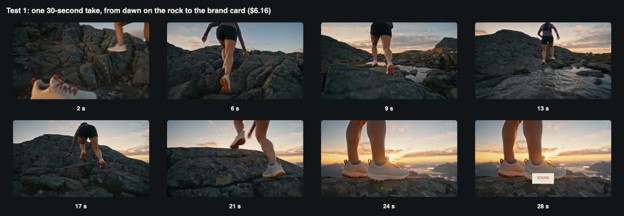 Test 1: eight moments from one 30-second take, in the order the prompt describes.