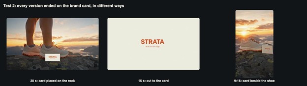 Test 2: all versions ended on the brand card, staged in three different ways.